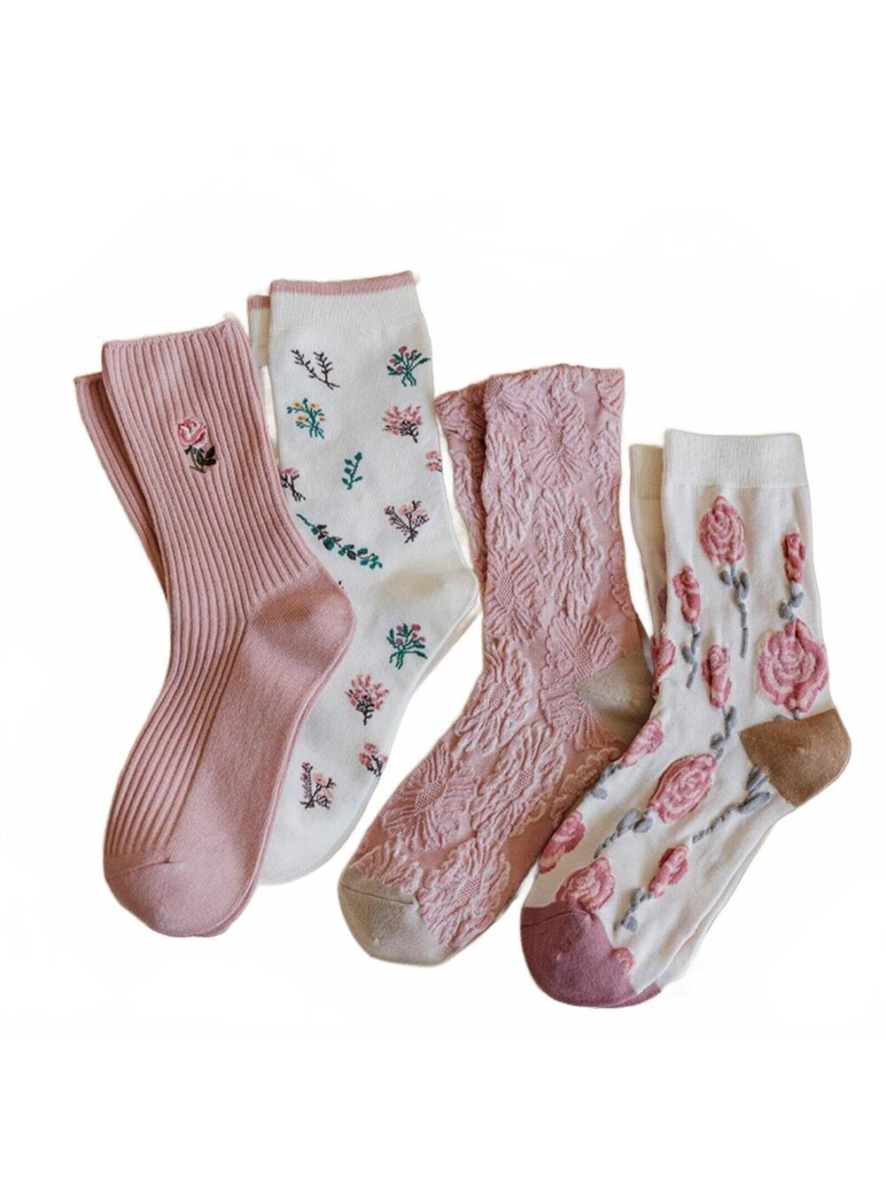 White-Pink Floral Spring/Summer Socks 4 Pair